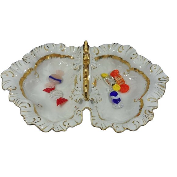 Divided Serving Dish w/ Center Handle Stamped #7608 Bright Gold Trim - Picture 11 of 12